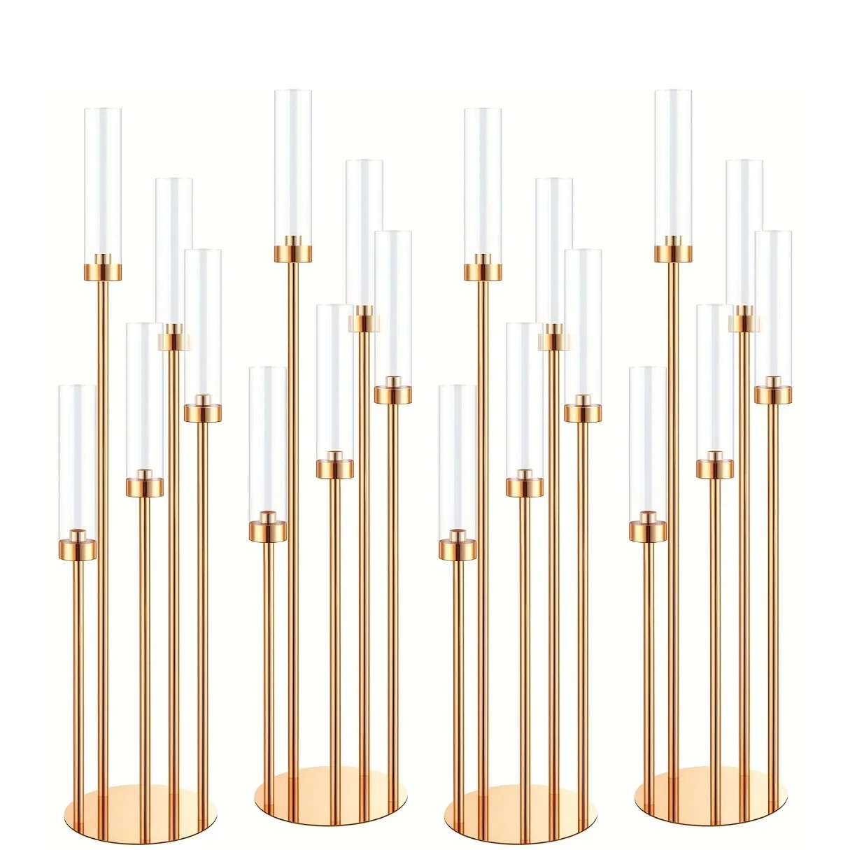 

Set of 4 Floor Candelabras for Weddings, Featuring 5 Arms And Standing at 42.5 Inches. These Metal Holders Come with Acrylic Lam