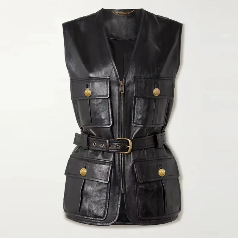 Genuine Leather Jacket Waistcoat 2024 Autumn New Goat Oil Wax Leather Women Black V-neck Zipper With Belt Vest Jacket Tops