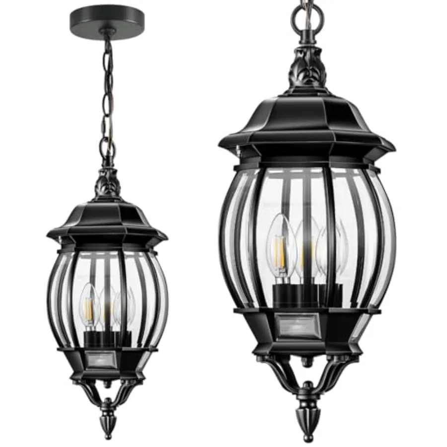 3-Light Large Pendant Light Fixtures, Modern Exterior Hanging Lantern Light, Waterpoof Matter Black Outdoor Chandelier for Porc