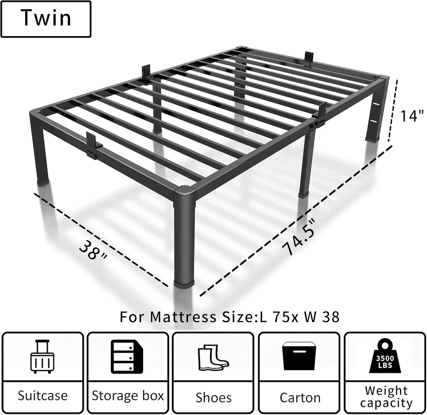 

14 H Twin Bed Frames With Headboard Hole And Round Corner Legs Mattress Retainers 3500Lbs Heavy Duty Steel Slats No Box Spring