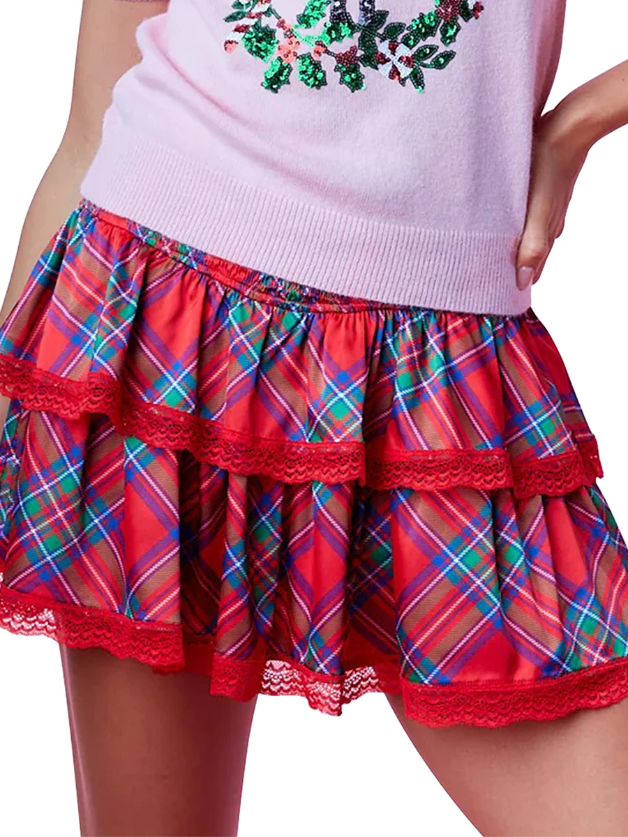 New Fashion Women Summer Mini Plaid Skirts Tiered Lace Trim A-Line Skirt For Daily Travel Parties Hot Sale S M L