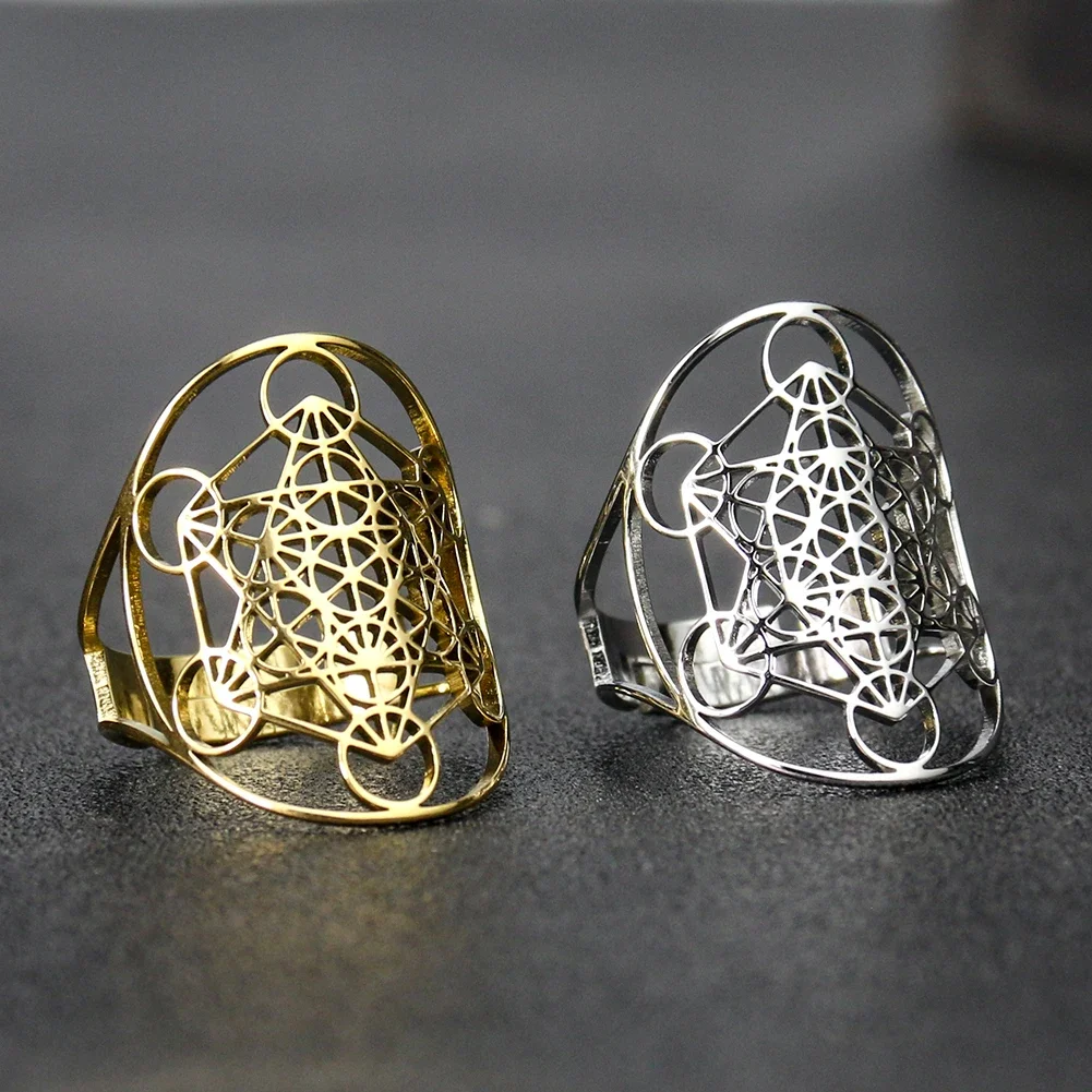 Metatron Cube Adjustable Ring for Women Men Punk Hip-hop Star of David Open Finger Rings Stainless Steel Statement Jewelry Gift