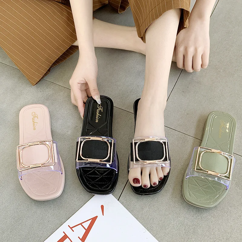 Fashion Square Buckle High Heels New Summer Shoes Woman Metal Transparent Square Mid Heel Mules Shoes Female Open Slippers Women