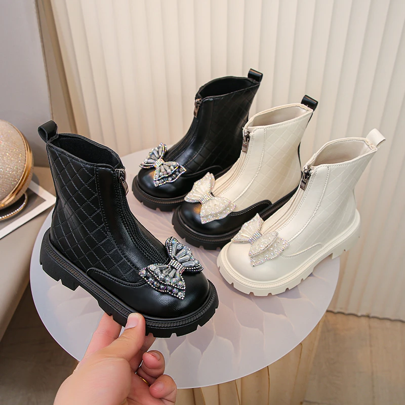 

Girl's Winter Boots Patchwork Butterfly Sewing Beading Warm Kids Short Boot Mid-calf Zipper Comfy Fashion Kids Shoes for Girl