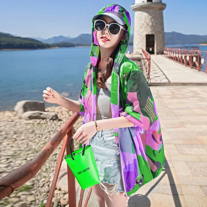 Women\'s UV Protection Hooded Jacket Summer Breathable Thin Sun Protection Korean Version Loose Breathable Outdoor Sports Coat