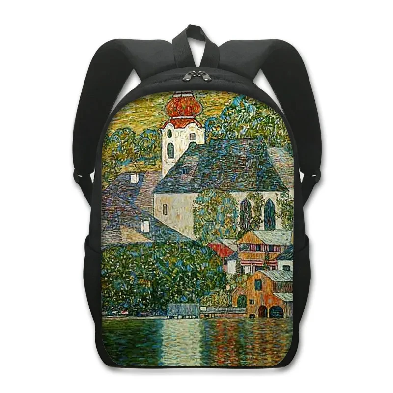 Famoso óleo pintura saco de escola, lágrimas beijo lírios estrelado noite mochila, Gustav Klimt Claude Monet Van Gogh estudante mochila