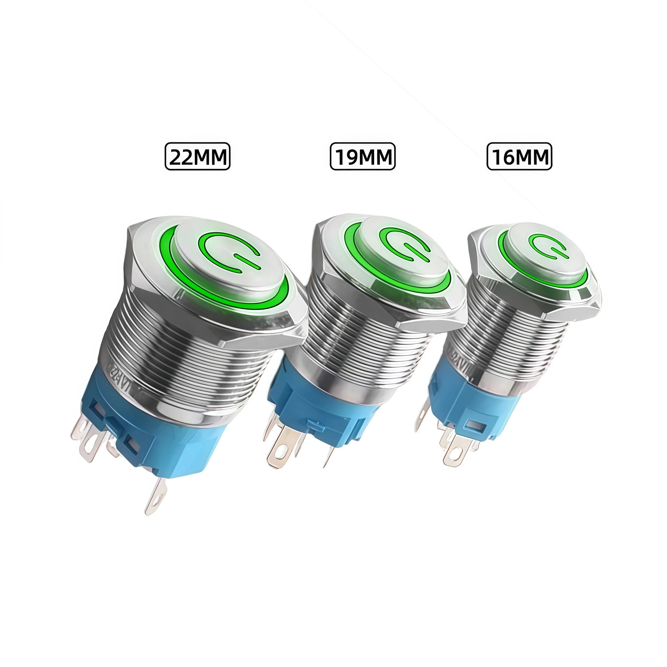 مفتاح زر ضغط معدني 16/19/22 مم، رأس عالي، قفل/إعادة ضبط ذاتي، مقاوم للماء، مضاء، 5 فولت/24 فولت/220 فولت