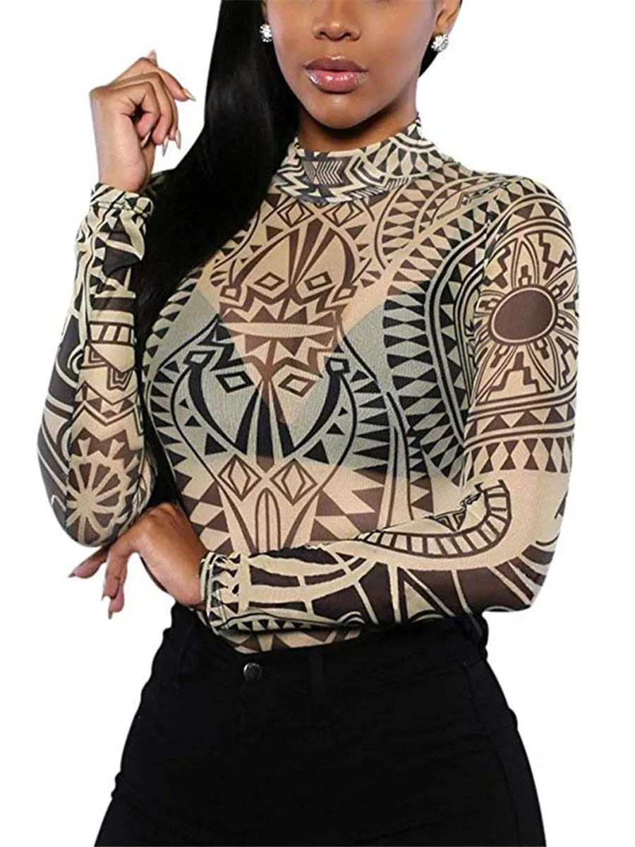 Women Sexy Long Sleeve Bohemia Bodycon Bodysuit Sexy Bandage Ethnic Style Short Romper Tops