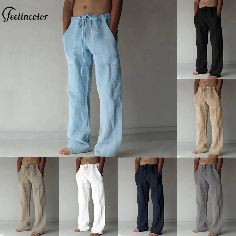 

Casual Blue White Men's Pants Summer Thin Linen Drawstring Trousers High Waist Straight Bottoms Daily Outdoor Male Streetwear
