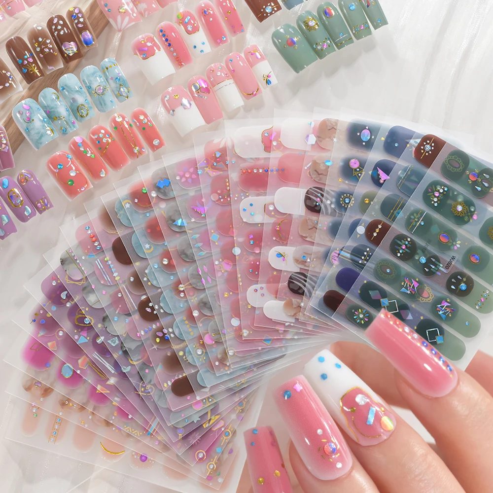 14 punte di cottura senza avvolgimento completo adesivi per smalti per unghie stella/fiore/cuore/blucchiere/strisce per smalti francesi decalcomanie adesive a copertura totale