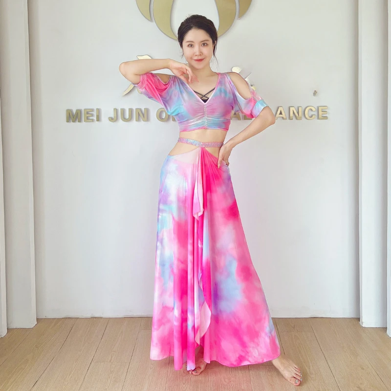 

Belly Dance Costume Short Sleeves Top+split Long Skirt 2pcs Oriental Professional Set Belly Dancing Practice Clothes for Women