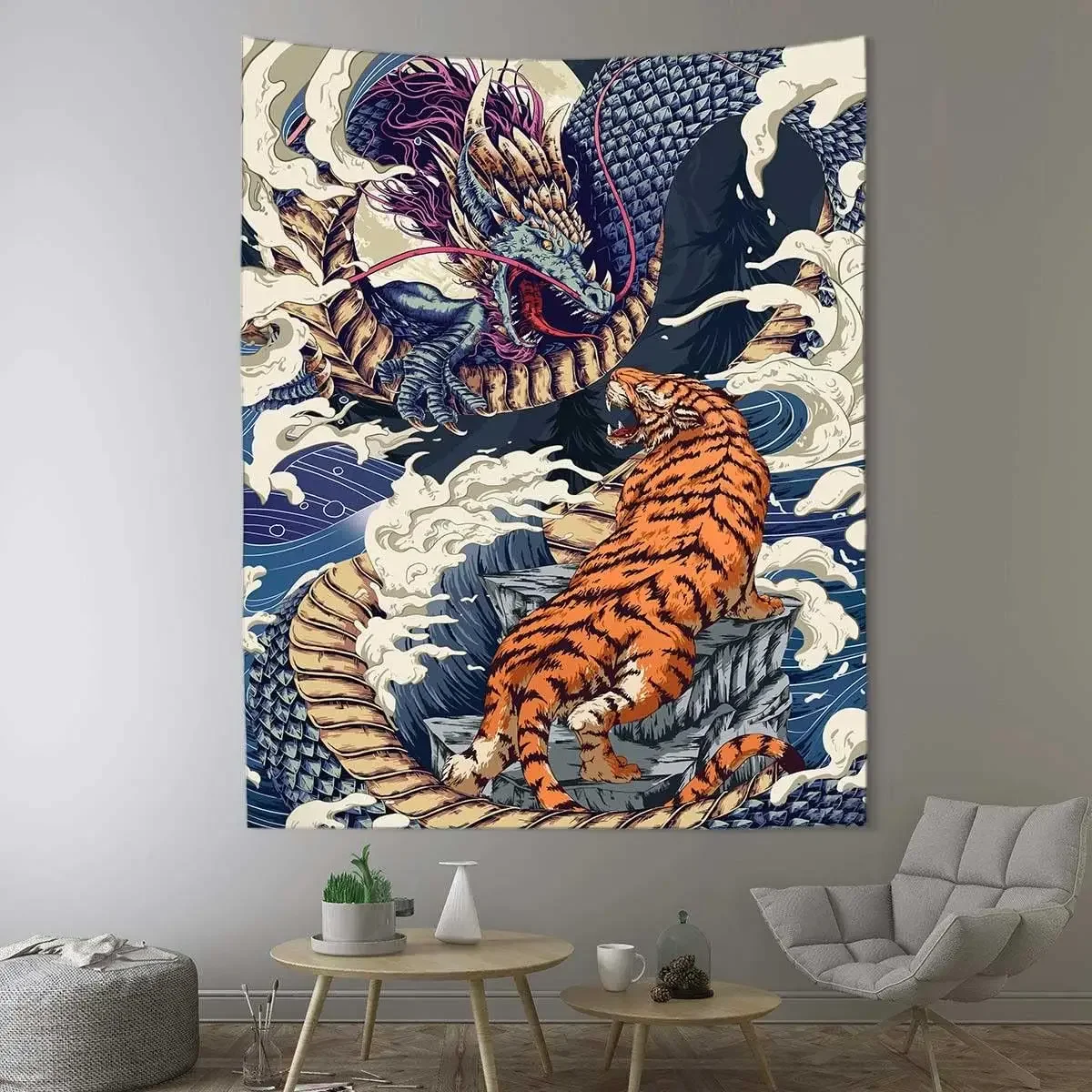Tapiz de dragón tigre de fantasía, onda japonesa, Anime, animales geniales, colgante de pared, arte de franela, colgante de pared, tamaño 40 "x 60" para