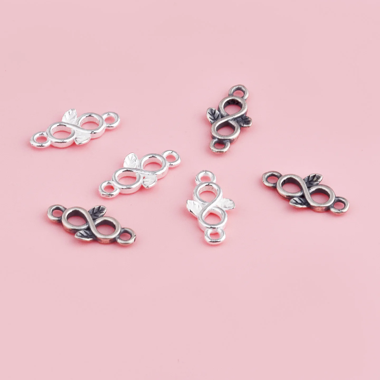 S925 pure silver closed ring, double-ring 8-shaped with leaf-shaped partitions DIY braided bracelet bead accessory