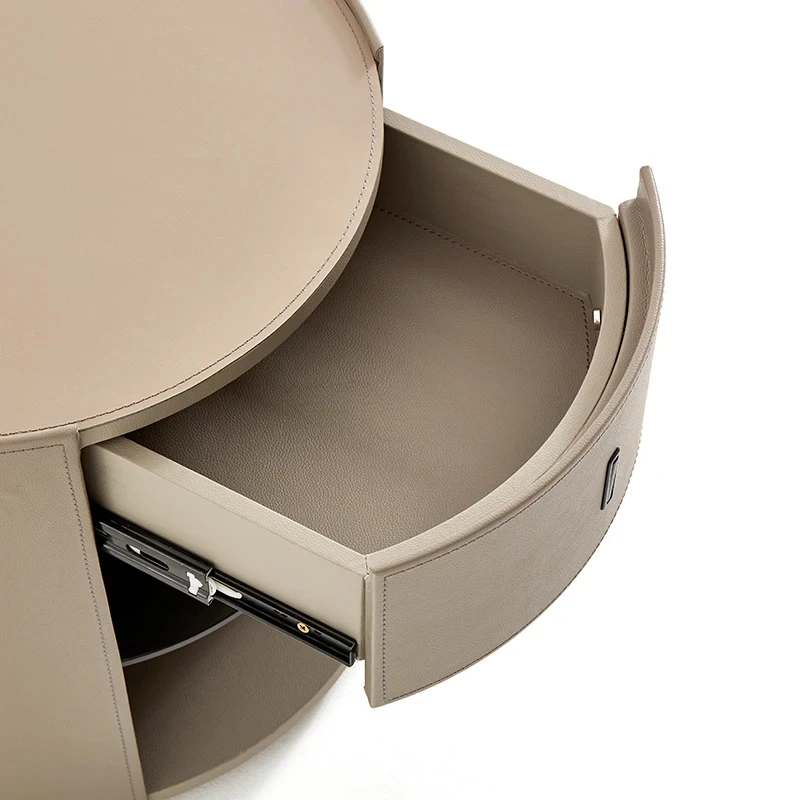 Italian Style Light Luxury round Saddle Leather Bedside Table High-End Designer Style Bedroom Bedside Cabinet