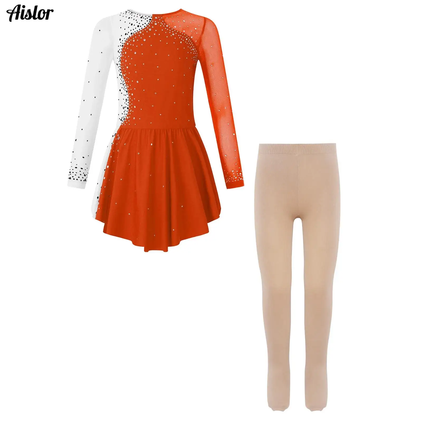 

Kids Girls Figure Skating Outfits Long Sleeve Color Block Lyrical Dress with Boot Cover Tights Ballet Dance Leotard Dress Sets