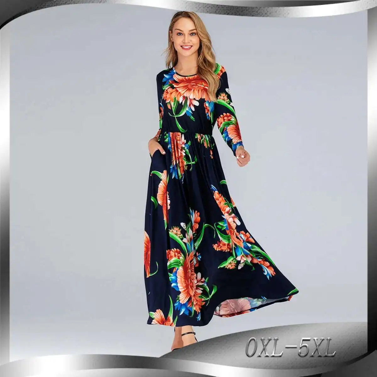 

Women's Printed Slim Fitting Long Sleeve Printed Round Neck Dress 50892 Long Dress Robe Abaya Ramadan Dubai Luxury Islam Elegant