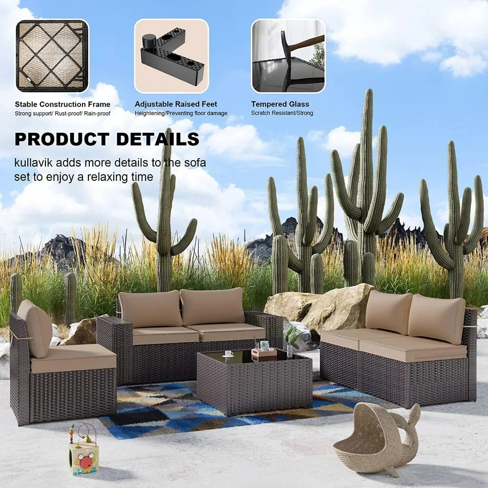 Outdoor Patio Furniture Set 12 Pieces Sectional Rattan Sofa Set Brown PE Rattan Wicker Patio Set with 10 Sand Seat Cushions