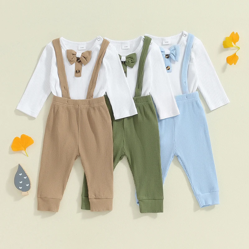 

Newborn Baby Boy Gentleman Outfit Ribbed Long Sleeves Romper with Bow Tie and Suspender Pants Set for Vacation Formal Set