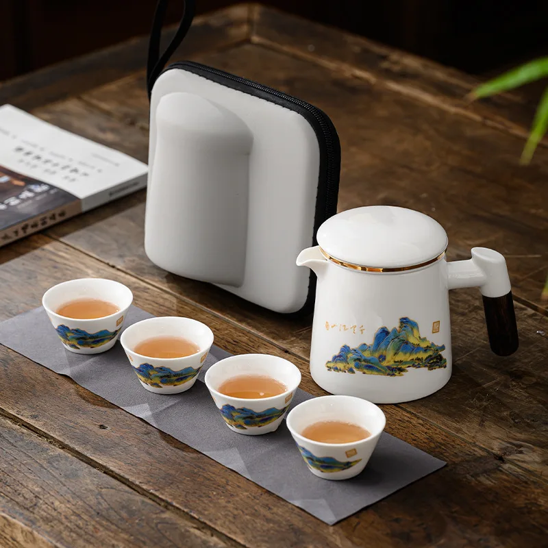 

Travel Kung Fu Tea Set with White Porcelain Cover Bowl Tea Cup One Pot Four Cups Car Mounted Outdoor Portable Bag