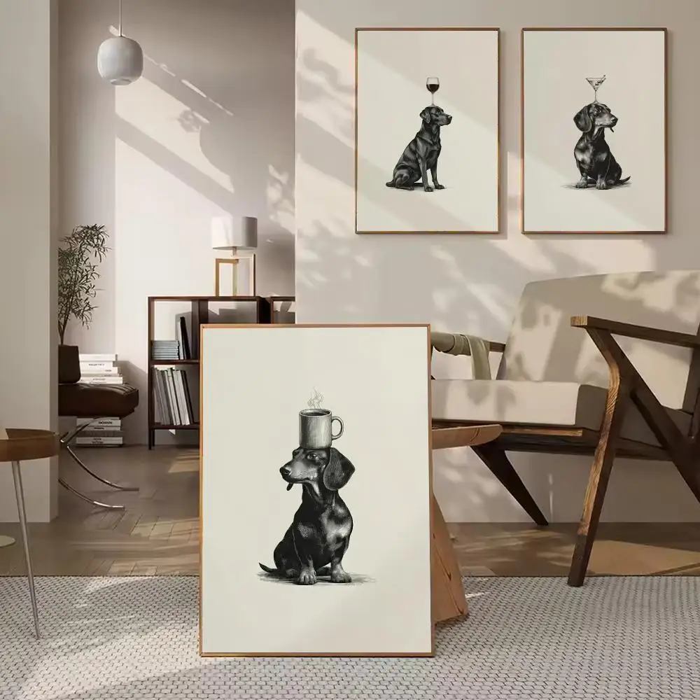 Elegant Dachshund Cocktail HD Wall Art Poster Whimsical Dog Fine Line Art Retro Bar Kitchen Home Decor Dog Lover Gift