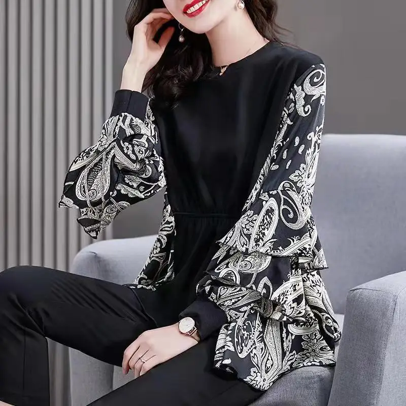 Casual Fashion O-neck Straight Loose Long Sleeved T-shirts Patchwork Print All-match Trend Spring Autumn Women\'s Clothing 2022