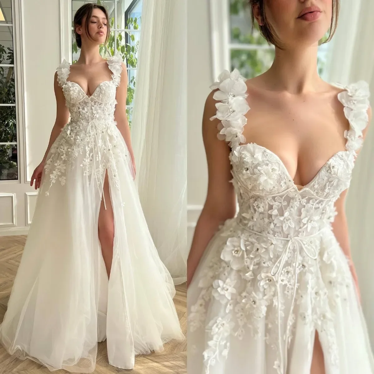 Robe de Mariée Trapèze à Fleurs 3D, Tenue de Luxe Sexy, Appliques avec Traîne de Balayage, Fente Latérale, pour Auditorium de Plage