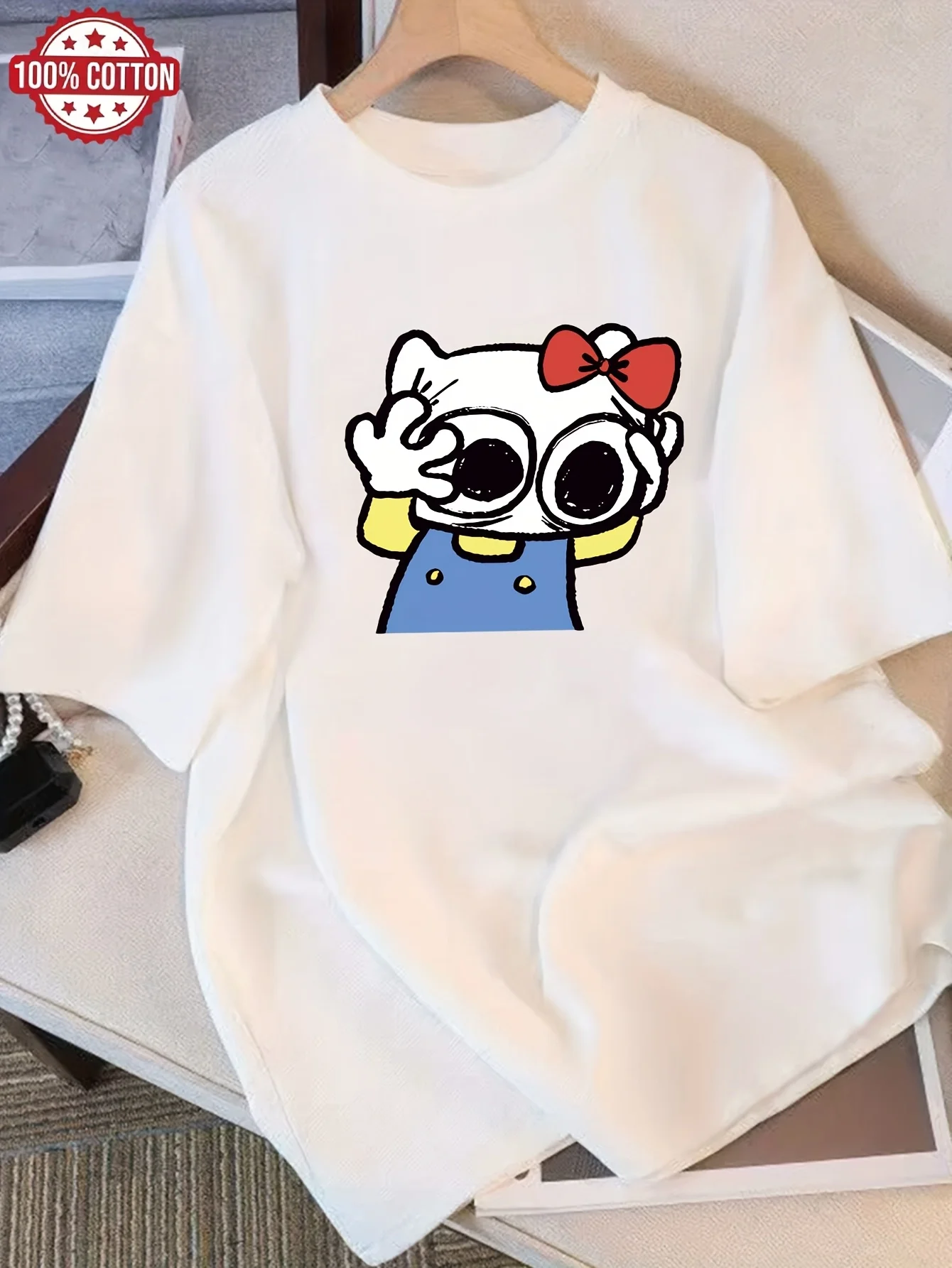 Ladies' Cute Head Hugging Kitten Pattern Printed T-shirt Comfortable Versatile Top Suitable for All Seasons Youthful Style