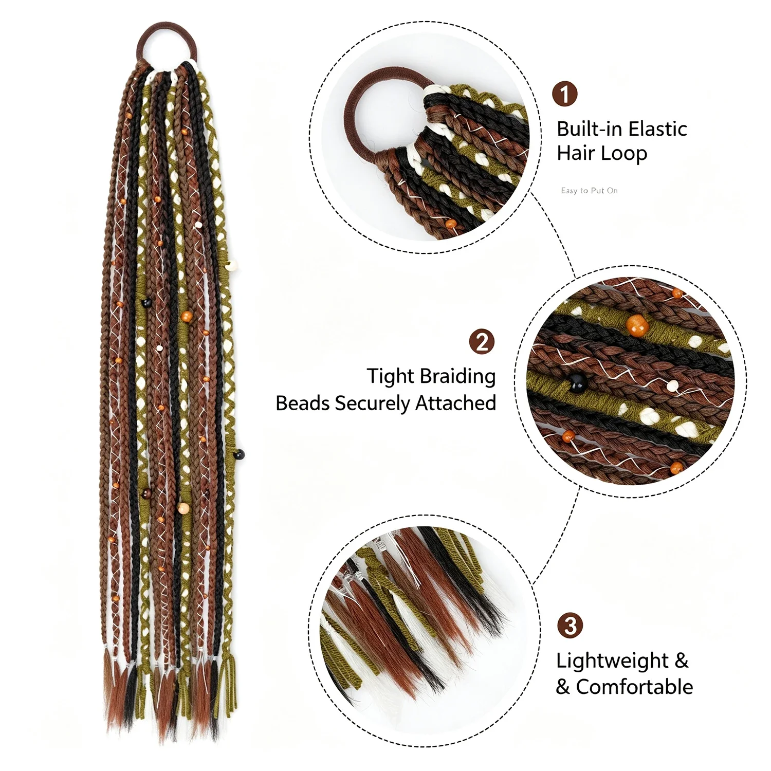 Bohemian Hand Woven Braid Ponytail Synthetic Hair Extensions 24 Inch Elastic Hair Tie Ponytail for Music Festival Vacation