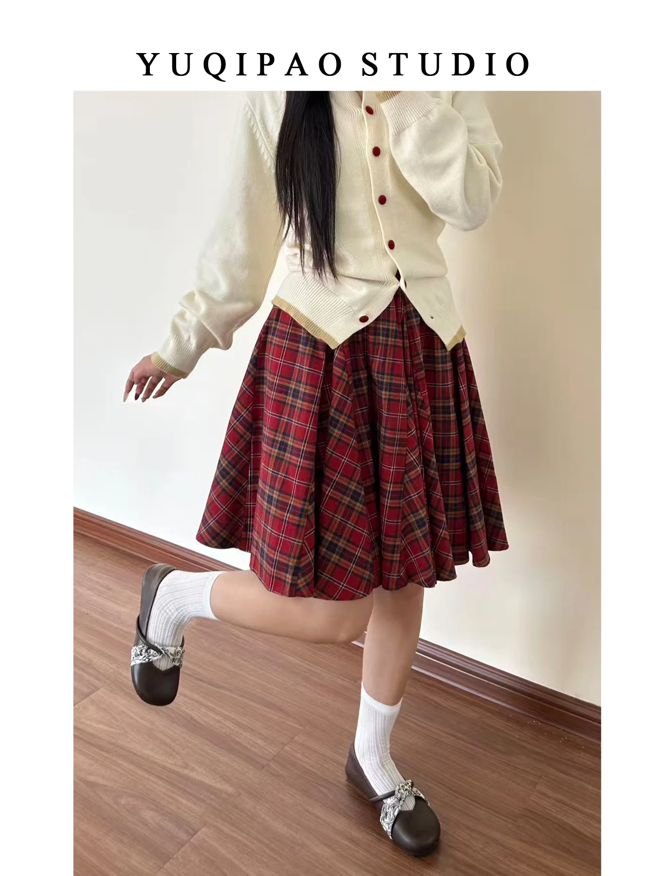 Falda midi de cintura alta a cuadros rojos de talla grande para mujer, estilo A, adelgazante, para otoño e invierno, falda corta de cinco cuartos