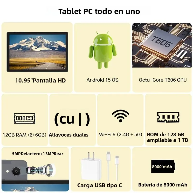 Imagen 5: Tablet PC Android 15 de 11 pulgadas con batería de alta capacidad de 8000 mAh, 12 GB de RAM + 128 GB de ROM, ampliable a 512 GB, Octa-core, certificado por GMS.