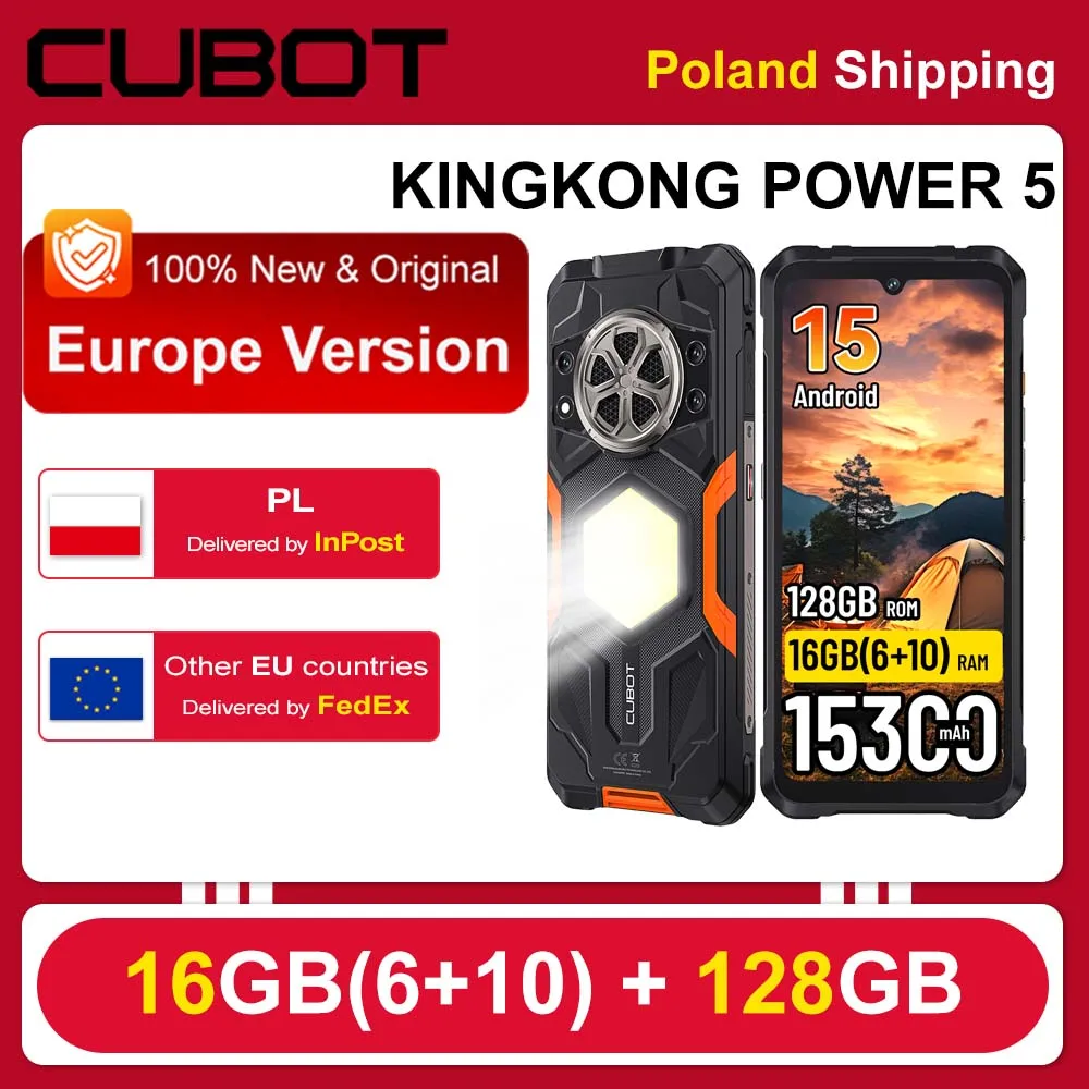 [Shipping From Poland]CUBOT KingKong Power 5 16GB RAM (6+10) 128GB ROM Rugged Smartphone Android 15 15300mAh 6.88" Camping Light