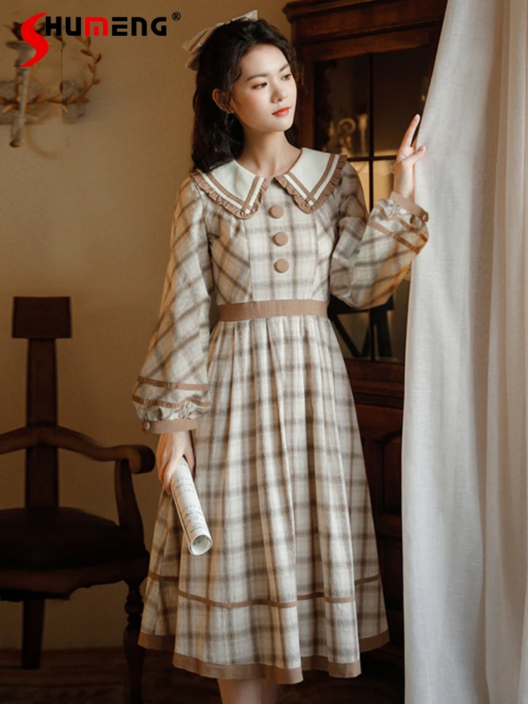 

Japanese Sweet Preppy Style Elegance Retro Plaid Navy Collar Long Sleeve High Waist Slim Fit A-Line Long Dress Women Summer 2024