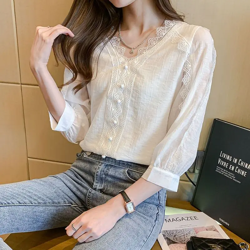 Women Summer Lace Patchwork Elegant Chic White Blouse Korean Fashion V Neck 3/4 Sleeve Casual Shirts Female Chiffon Tops Blusas