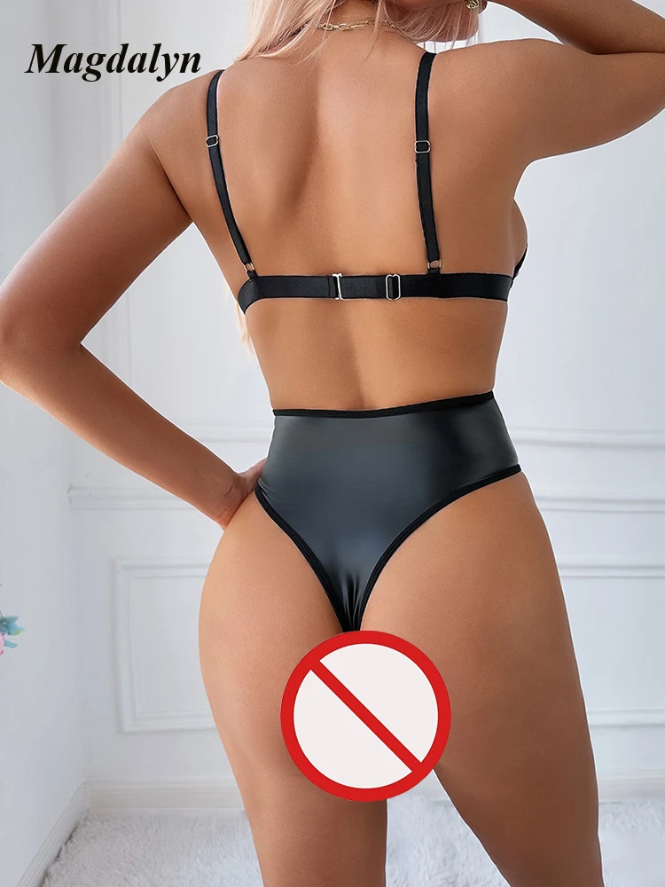 Magdalyn Frauen Einteilige Kombination Riemchen Strampler Dessous Spitze-up Dünne Kunstleder Onesie Fashion Solid PU Sexy Bodys
