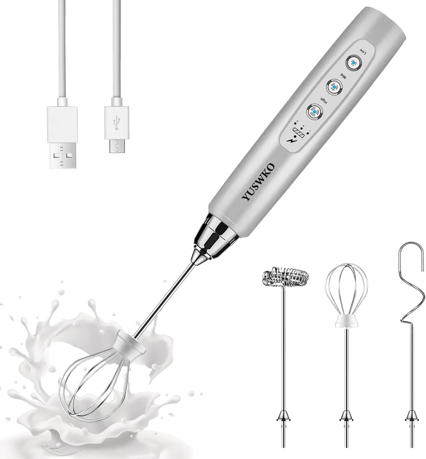 

Rechargeable Milk Frother Handheld With 3 Heads, Silver Coffee Electric Whisk Drink Foam Mixer, Mini Hand Stirrer With 3 Speeds