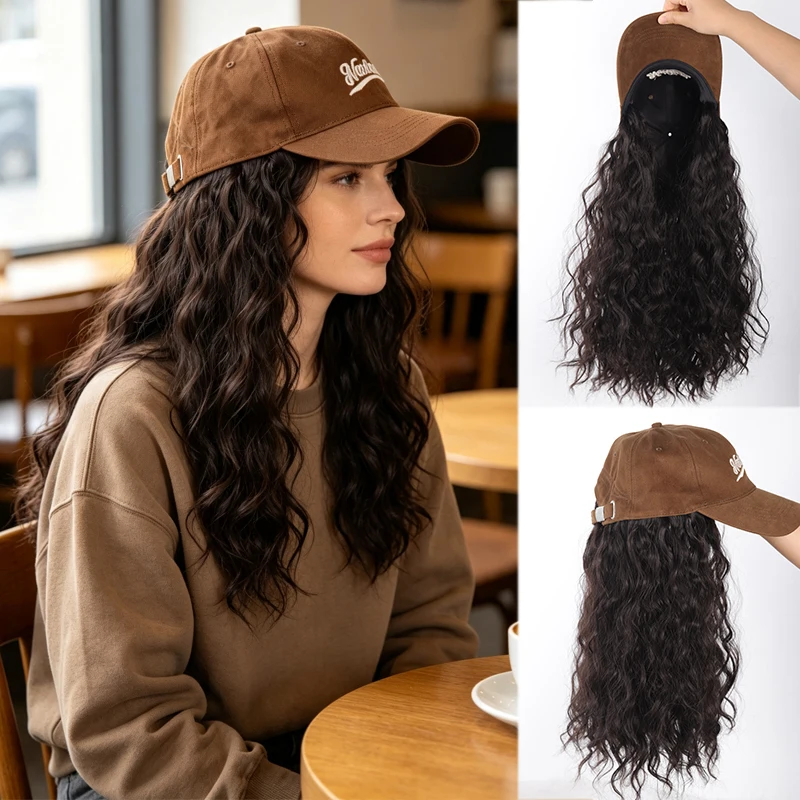 Women Synthetic Hat Wig, Baseball Cap Integrated Wavy Long Hair, Adjustable Sun Hat Wig Hairpiece for Street Travel Daily Wear