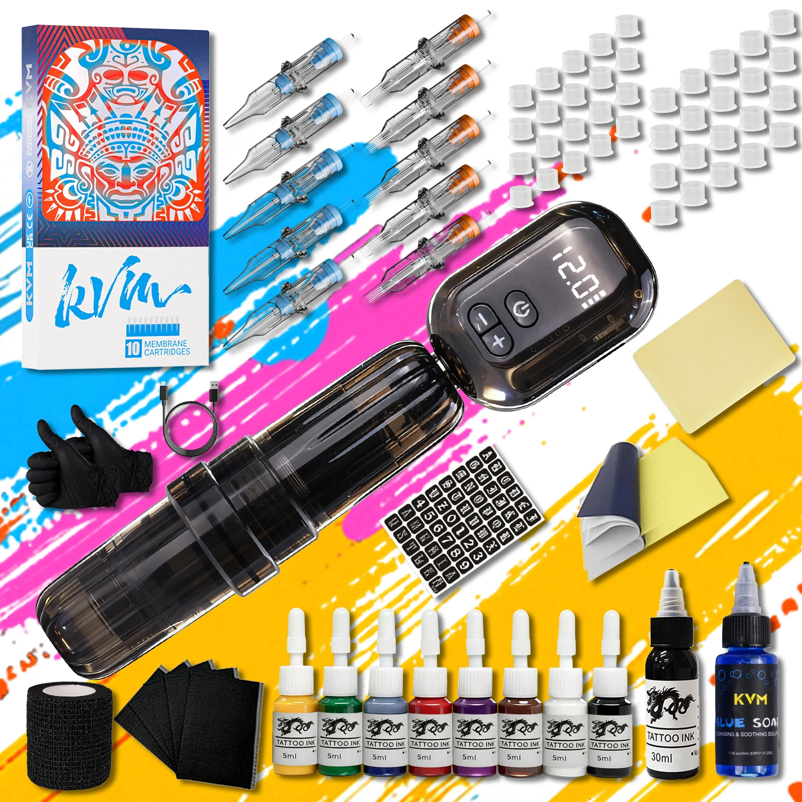 Wireless Rotary Tattoo Pen Kit 1200mAh Battery 3.5mm Stroke Complete Tattoo Supplies With Cartridge Needles Pigment Ink