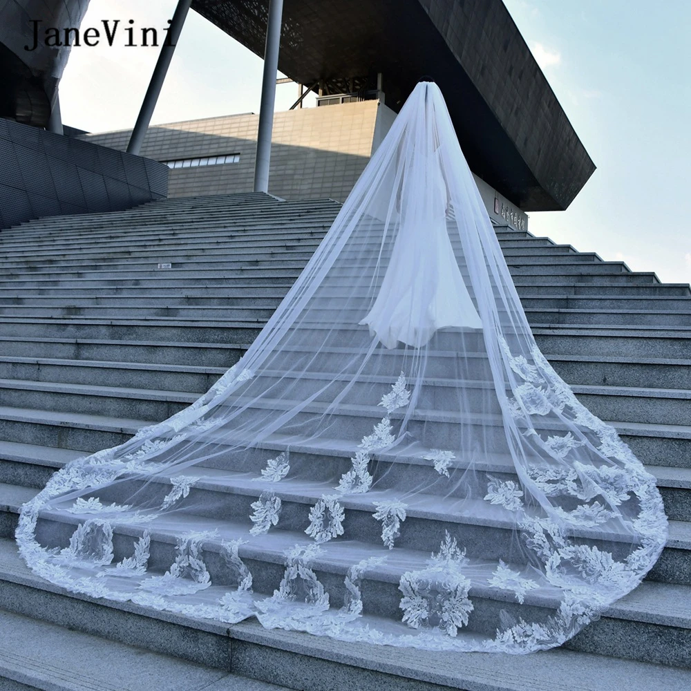 

JaneVini 2022 Luxury European Cathedral Length Bridal Veils Appliques Edge Sequined One Layer Wedding Veil Metal Comb Real Photo