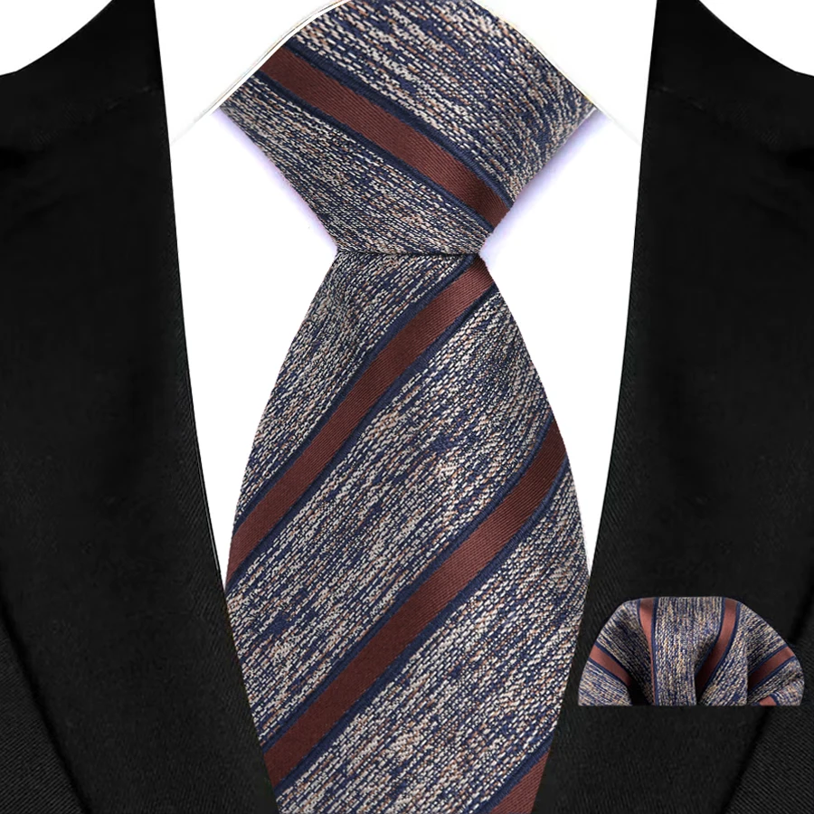 Brown Striped Paisley Mens Ties Set Dot 8cm Jacquard Necktie Handkerchief Set Accessories Daily Wear Cravat Wedding Party Gift