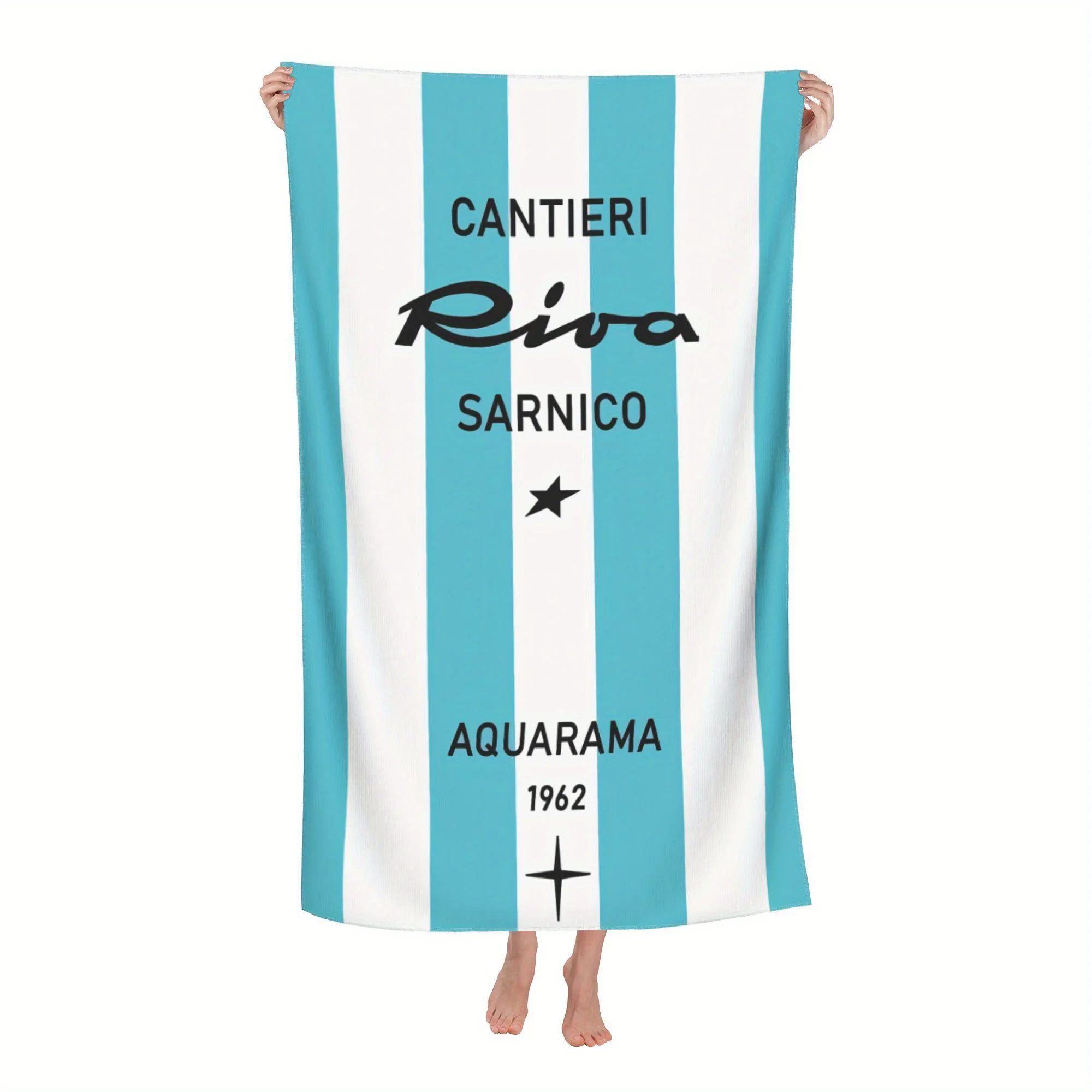 Toalha de praia de microfibra inspirada em Cantieri Riva Sarnico – Design elegante verde-azul e branco com texto "Riva Sarnico", perfeita para nadar