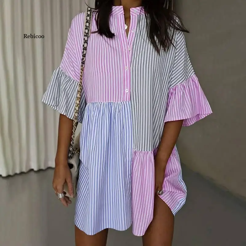 

Stripe Patchwork Flare Half Sleeve Mini Dress 2022 Summer Elegant Casual Loose Buttons Short Sundress Women Shirt Dress