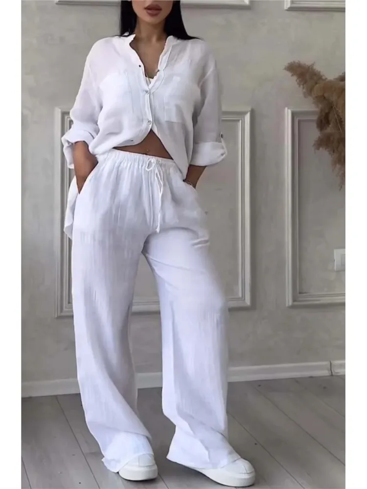 Simple Style Solid Color Pants Sets Women Spring Autumn New Long Sleeve Shirts Loose Wide Legs Trousers Two Piece Set Female New