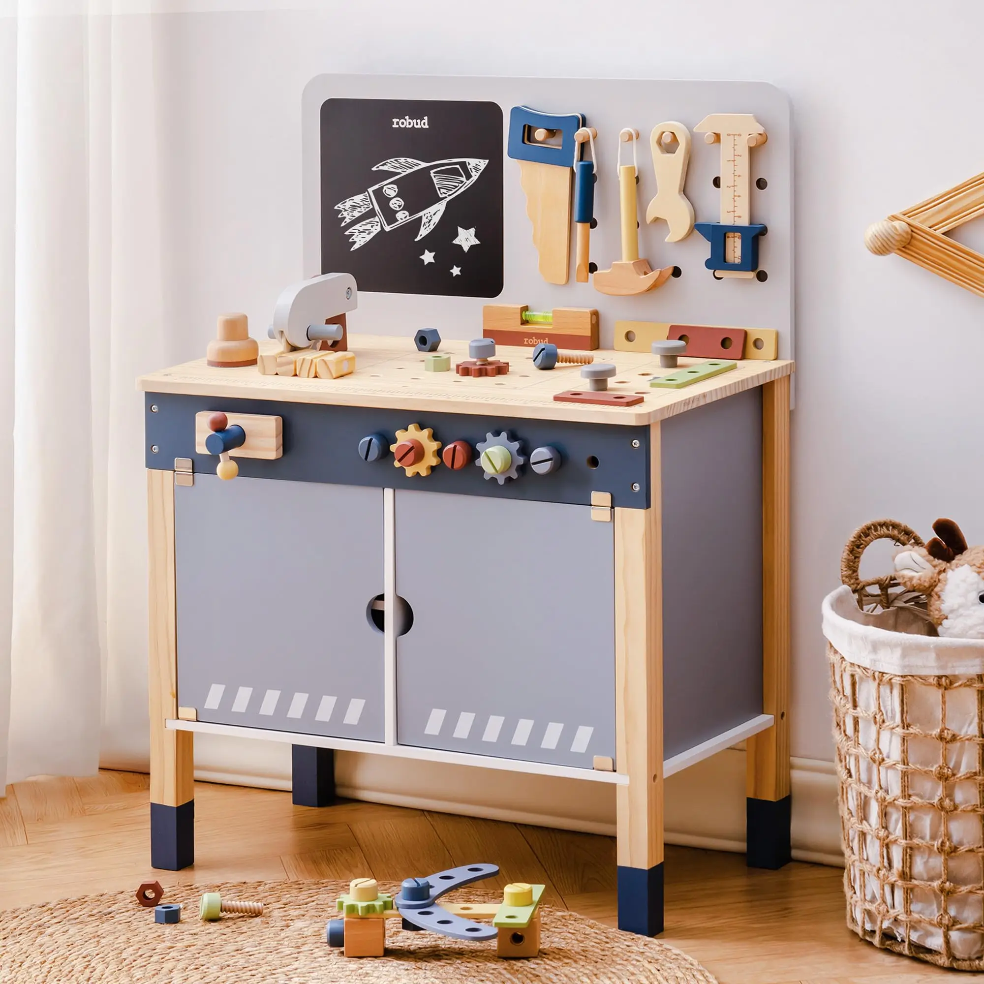 ROBUD Wooden Toy Workbench Pretend Play Creative Building Set Construction Workshop Tool Bench Toys Unique Gift for Kids 3+