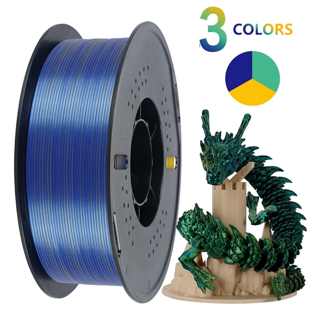 KINGROON Zijde PLA-filament 1,75 mm 1 kg, driekleurige tweekleurige 3D-printerfilament Glanzend verbruiksartikelen 2,2 lbs spoel, voor FDM 3D-printer