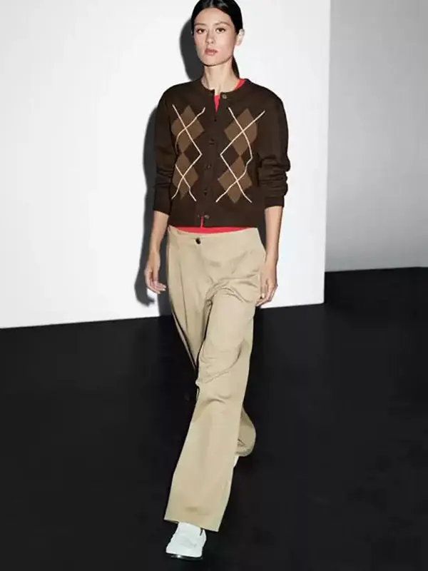 Retro de malha longo sve redondo ne aberto frente casaco para mulheres outono faculdade sle xadrez outerwear senhoras faion malhas