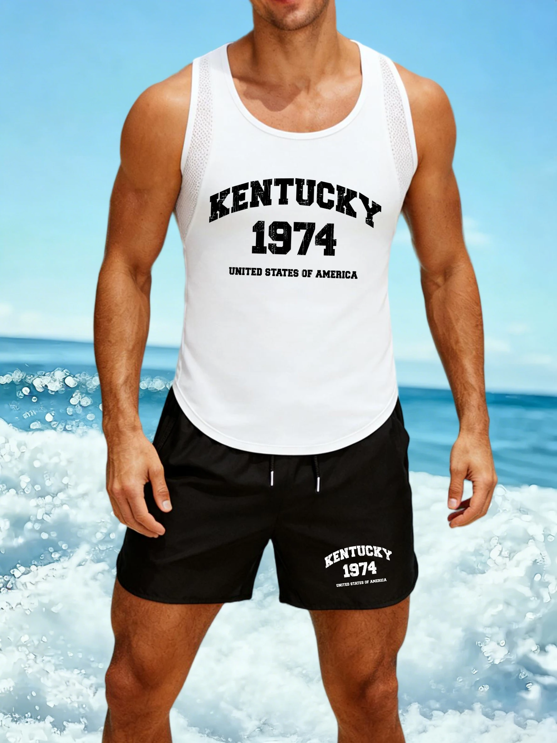 

Kentucky 1974 America Print Mens Reticular Vest Suit Hip Hop Simple Clothing Fashion Shorts Summer Soft Unisex Retro Tops