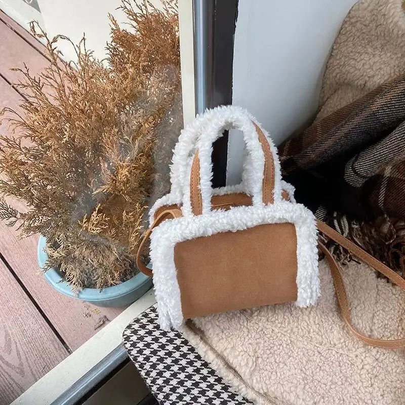 Bloom Vintage Brown Matte Leather Handbag Women Plush Trim Square Mini Shoulder Bags Ladies Sle Everyday Casual Crossbody Bag