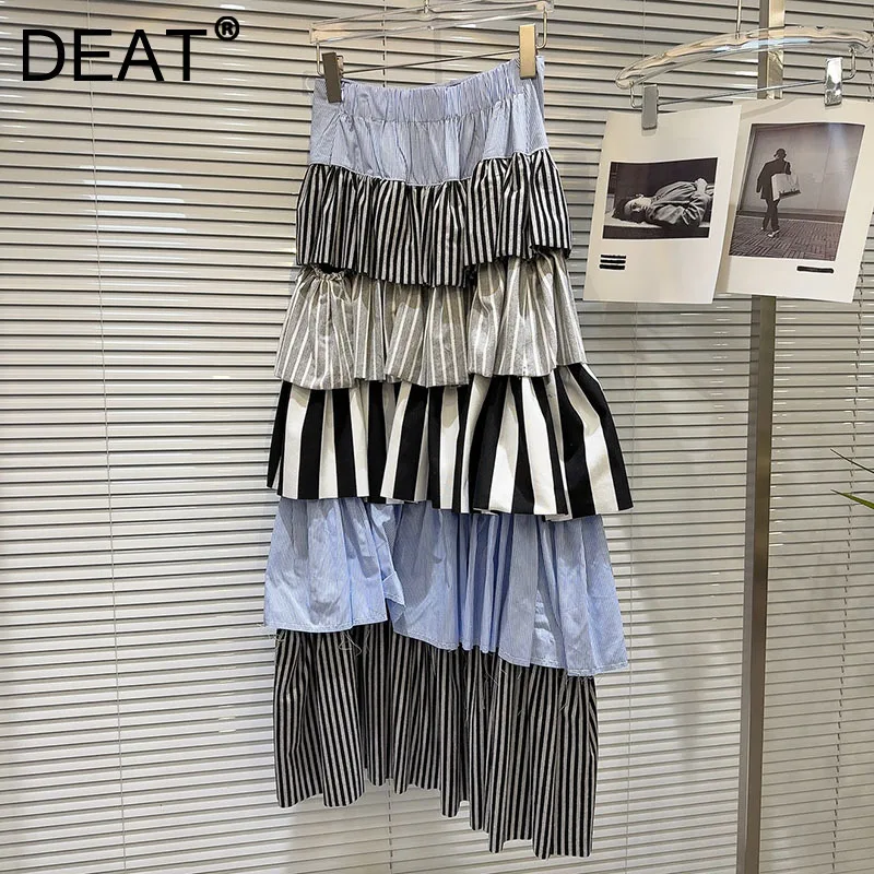 DEAT 2024 Winter New Item Patchwork Stripe Cake Skirts For Women High Waist Contrast Color Long Skirt Female Trend 29L901905