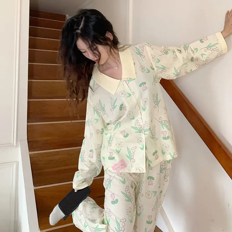 Pijamas de estilo Pastoral de manga larga para mujer, conjunto de dos piezas, ropa de dormir informal y holgada, primavera y otoño, 2024