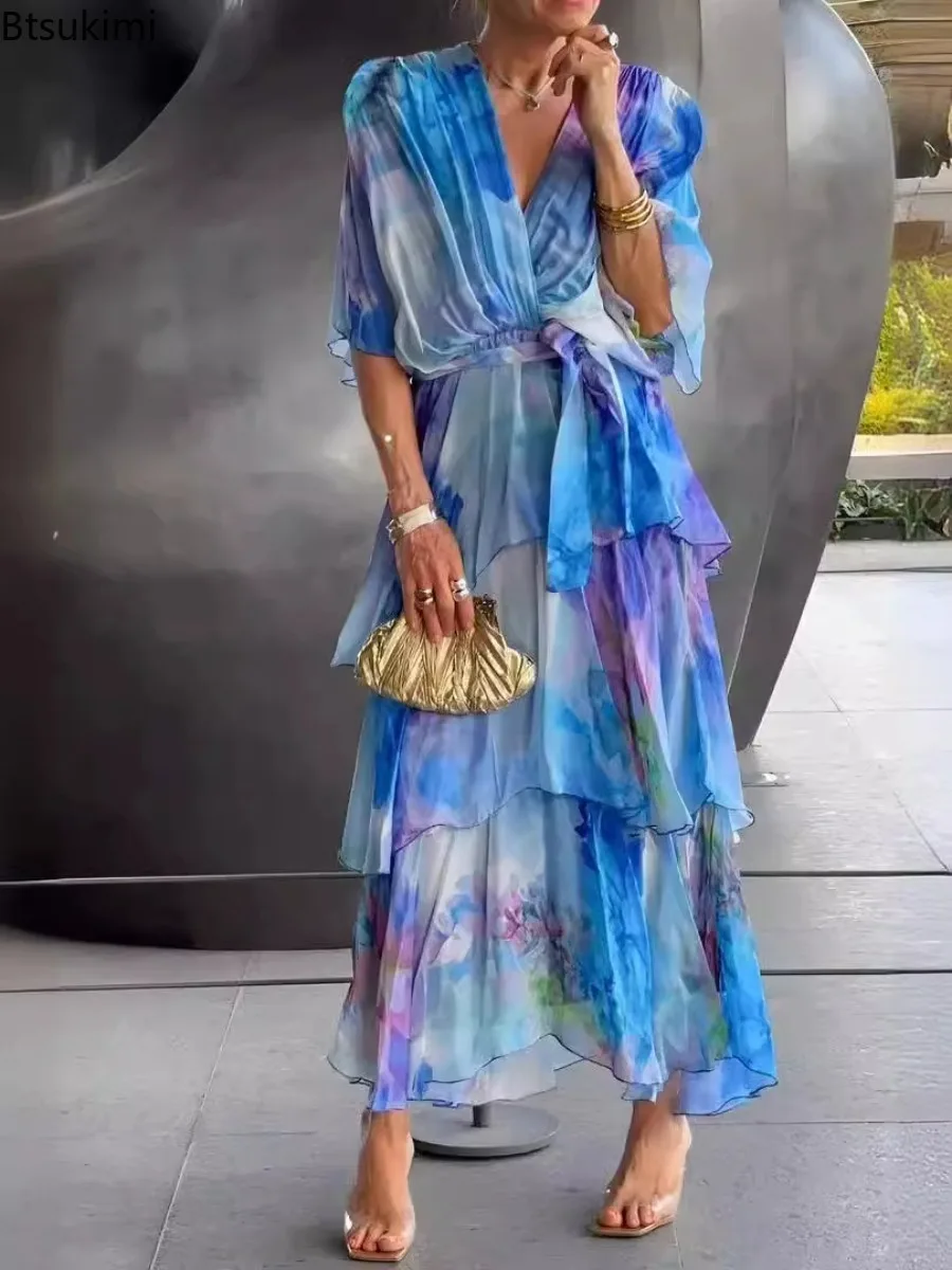 

2025 Summer New Elegant Women's Chiffon A Line Dress Fashionable Printed V-neck Half Sleeve Elegant High Waist Cake Long Dresses